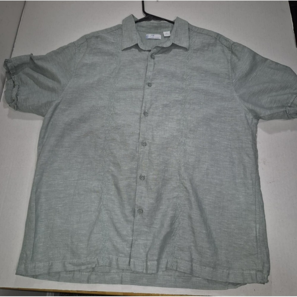 Cafe Luna men's green linen blend short sleeve button down solid shirt XL‎